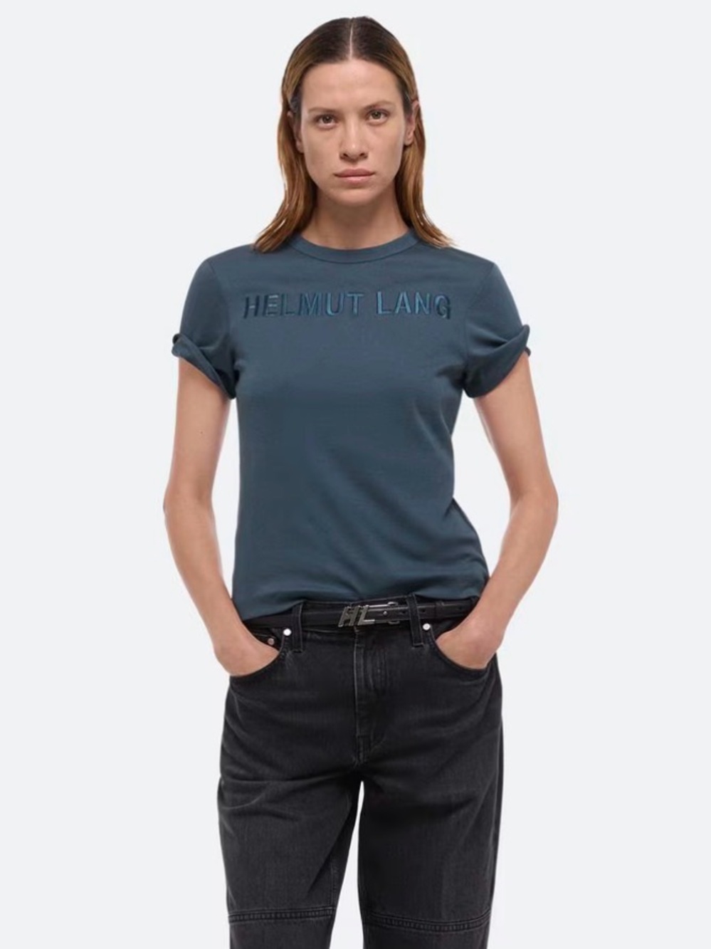 Helmut Lang Embroidered Logo SlimShort Tee in Deep Sea